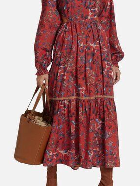 Chufy Women Red Blue Kissa Cotton Round Neck Printed Maxi Dress Size: M